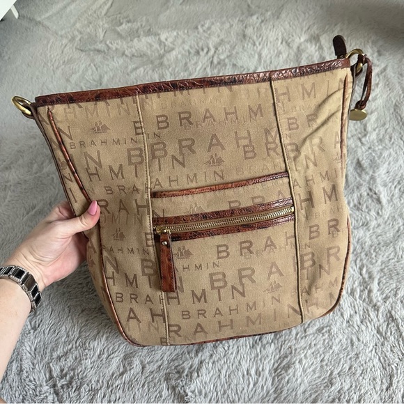 Brahmin Monogram Tan and Brown Canvas Croc Leather Shoulder Bag Large Tote Purse - Picture 1 of 15